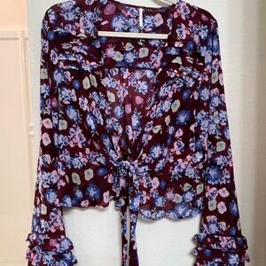 Free People Floral Tie-Front Blouse in Purple and Blue